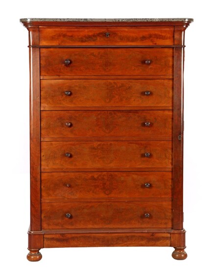 (-), Mahogany veneer 7-drawer chiffonniere with marble top,...