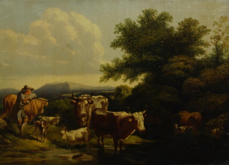 Manner of Paulus Potter, 19th century- Cattle and goats watering; over-painted oleograph, bears signature, 24.8 x 34.3 cm. (VAT charged on the hammer price)