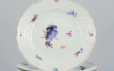 Meissen, Germany. A set of six antique deep porcelain dinner plates. Hand-painted with polychrome