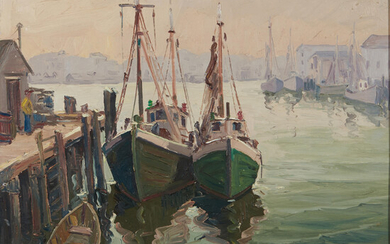 Melville F. Stark (American, 1903-1987) Gloucester Harbor 24 1/2 x 29 5/8 in. (62.5 x 75.5 cm) framed 30 1/4 x 35 1/2 x in.