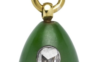 Mikhail Perchin: A Russian Easter egg polished nephrite pendant, set with a rose-cut diamond, 14k gold loop. H. (incl. eyelet) 2.2 cm.