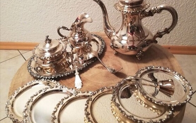 Mocha service with 6 small plates (13) - 925 Sterling Silver - Gayer + Kraus - Germany - Mid 20th century