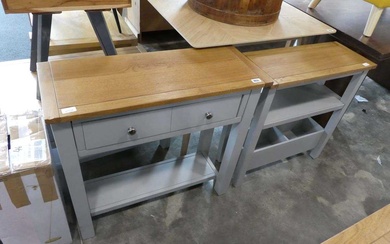 Modern grey single drawer side table with light oak surface....