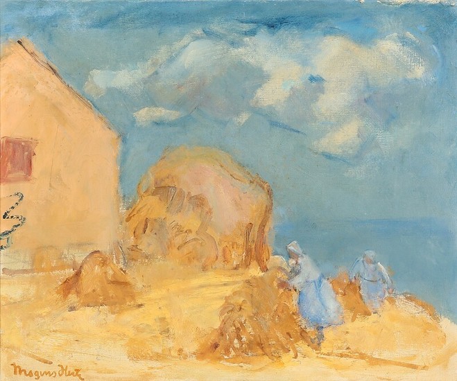 Mogens Hertz: Harvest scenery. Signed Mogens Hertz. Oil on canvas. 46×55 cm.