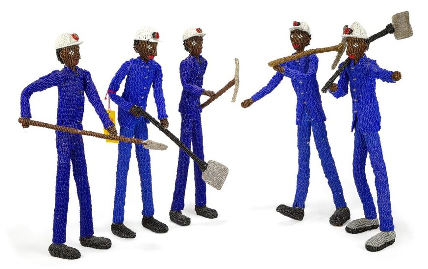 Monkey Biz, South African b.1999- Five sculptures of mining men; mixed media constructions with beads, each height 41cm (5) Provenance: Private Collection, London