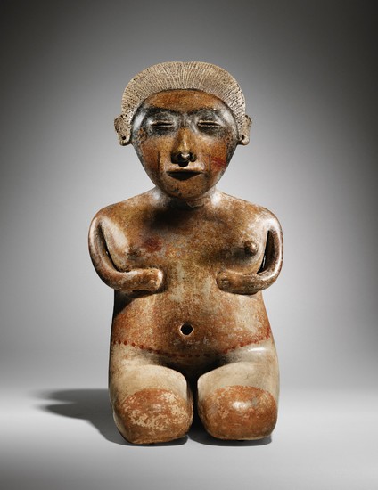 NAYARIT SEATED FIGURE, LAGUNILLAS TYPE E, Statue anthropomorphe assise Culture Nayarit, Style Lagunillas Type E Protoclassique, 100 AV. J.-C. - 250 AP. J.-C.