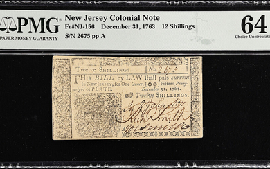 NJ-156. New Jersey. December 31, 1763. 12 Shillings. PMG Choice Uncirculated 64 EPQ.