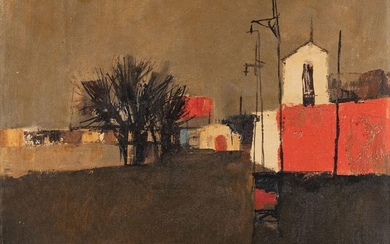 Nicola Simbari, Italian 1927-2012 - Porta Portese, 1957; oil on canvas, signed and dated lower right 'Simbari 57', bears inscriptions to the reverse, 35.5 x 40.5 cm (ARR) Exhibited: with Arthur Jeffress Gallery, London (according to the partial...