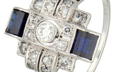 No Reserve - Platinum/golden Art Deco ring set with approx. 0.40 ct. diamond and sapphire.