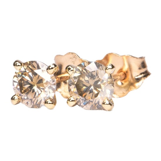 No Reserve Price -1.04 ctw Natural Fancy Yellowish Gray SI2 - 14 kt. Yellow gold - Earrings - 1.04 ct Diamond