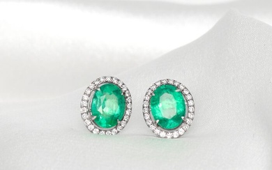 No Reserve Price-3.50 Ct Natural Green Emerald & 0.36 Ct Diamonds - 14 kt. White gold - Earrings Emerald - Diamonds, IGI-Certified