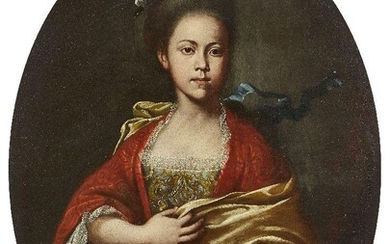 North Italian School, Circa 1700- Portrait of a lady, half-length in a red dress, holding a fan; oil on canvas, oval, 96 x 74.4 cm. Provenance: Anon. sale, Christie's, London, 11 Sept. 2019, lot 307.