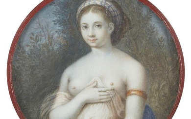 Northern European School, late 17th Century- A portrait miniature of a lady, seated half-length, in a forest; Held in a wooden frame with tondo aperture, tondo, 6.2 x 6.2 cm.