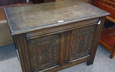 OAK COFFER WITH LIFT-UP LID & DECORATIVE CARVED PANEL FRONT,...