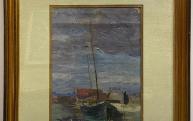 OIL ON CANVAS OF A BOAT SCENE.