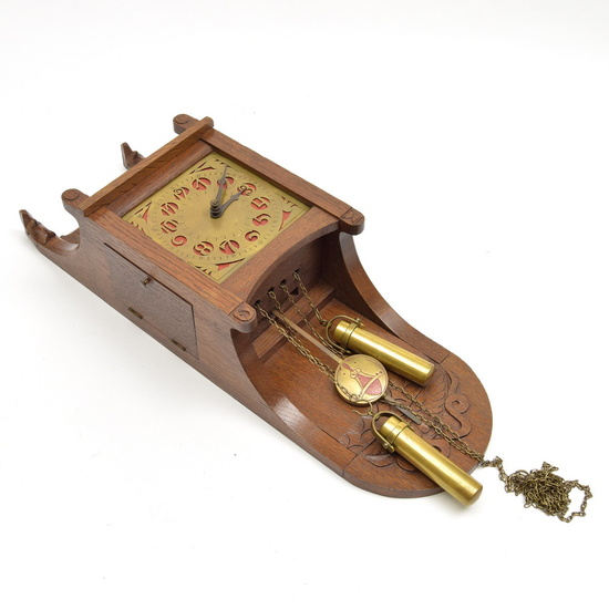 Oak "art nouveau" wall clock with brass dial,...