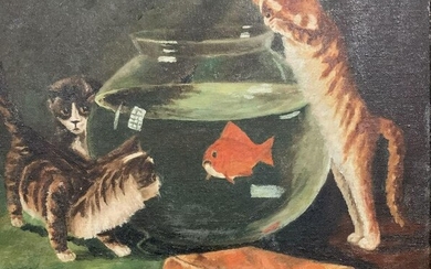 Oil on Board Painting of Kittens and Fish