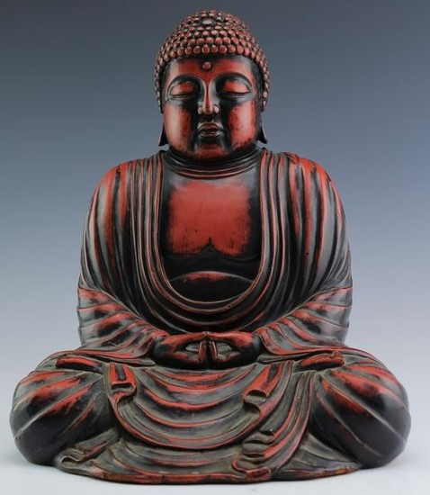 Old Chinese Red Lacquer Wooden Buddha Statue 12"