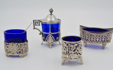 Old condiment set in silver and blue crystal - silver and crystal - France and the Netherlands - Beginning of the 19th, end of the 19th and beginning of the 20th centuries