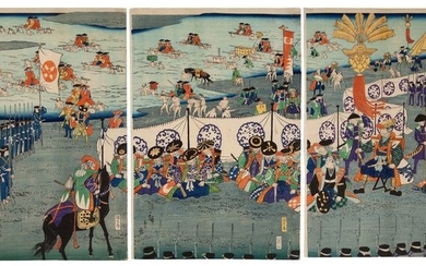 Original woodblock print triptych - Washi paper - Samurai, Warrior - Utagawa Hiroshige III (1842–1894) - "Ôta Harunaga shutsujin no zu" 太田春長出陣図 (Ôta Hatsunaga's troops on the way to a battle) - Japan - 1865 (Genji 2/Keiô 1), intercalary 5th month