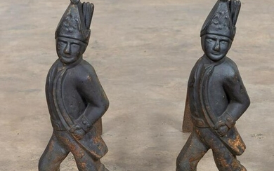 PAIR, CAST IRON HESSIAN SOLDIER ANDIRONS