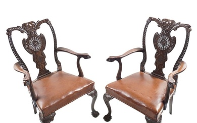 PAIR DUBLIN CARVED MAHOGANY ELBOW CHAIRS