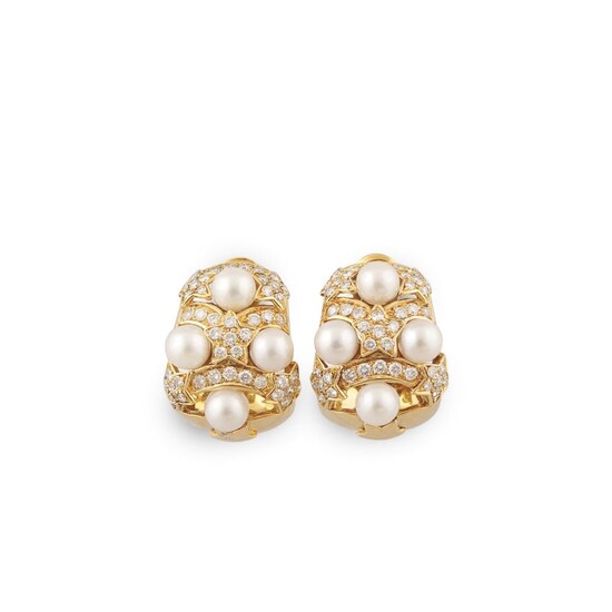 PAIR OF CULTURED PEARL, DIAMOND AND GOLD EARRINGS