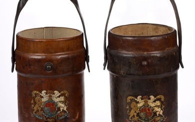 PAIR OF ENGLISH LEATHER ARTILLERY SHELL / FIRE BUCKETS