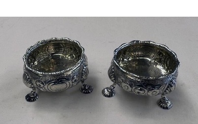 PAIR OF GEORGE II SILVER SALT CELLARS WITH FRUIT DECORATION ...