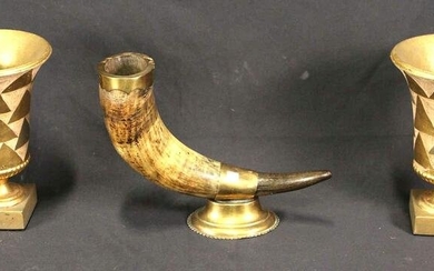 PAIR OF GILDED URNS AND MOUNTED HORN