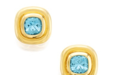 PAIR OF GOLD AND AQUAMARINE EARCLIPS, PALOMA PICASSO FOR TIFFANY & CO.