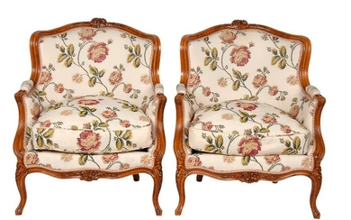 PAIR OF LOUIS XV CARVED FRUITWOOD & UPHOLSTERED