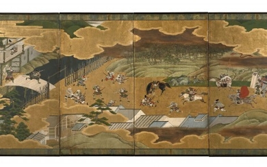 PARAVENT À SIX FEUILLES SUR PAPIER ET FOND DE FEUILLES D'OR, Japon, époque Edo, XVIIIe siècle