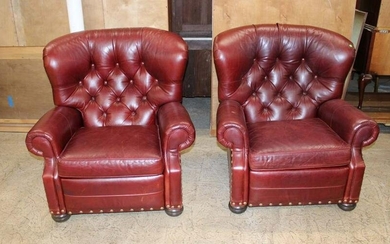 PR Ethan Allen leather and tacked reclining club chairs