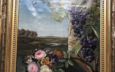 Painter unknown, late 19th century: Flowers and grapes on a stone sill. Unsigned. Oil on canvas. 46.5×41. Rammemål 64×59 cm.