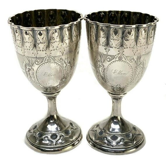 Pair American Coin Silver Scallop Rimmed Goblets