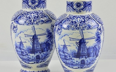 Pair Blue & White / Delft Vases - Windmills