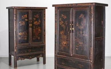 Pair Chinese Export black, gilt lacquer cabinets