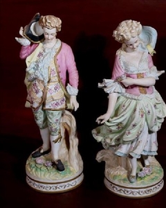 Pair French bisque figurines of lady and gentleman, 16