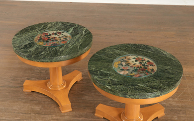 Pair French low tables with Chinese jade plaques