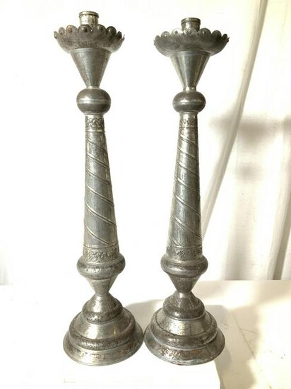 Pair Medieval Style Tin Candlesticks, Mexico