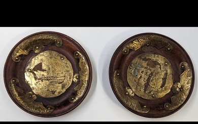 Pair Of Chinese Hardwood (Possibly Huanghauli) Plates With Brass Decorations