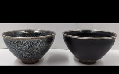 Pair Of Chinese Jian Kiln Glazed Tea Bowls With Metal...