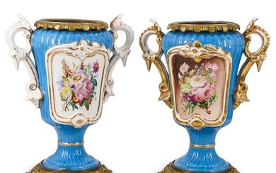 Pair Of Hand Painted Porcelain And Bronze Urns