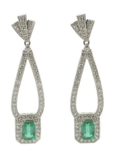 Pair Platinum, Emerald, Diamond Dangle Earrings
