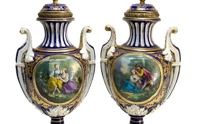 Pair Sevres France Porcelain Covered Urns, 19th C.