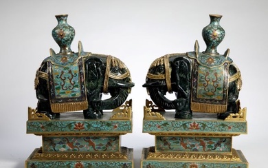 Pair of Chinese Cloisonne Decorations with Jade Elephant