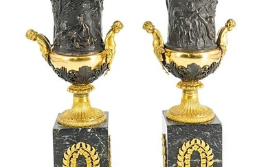 Pair of Early French Empire Gilt & Patinated Urns