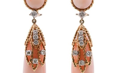 Pair of French 18k Gold, Coral and Diamond Drop Earrings