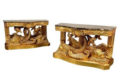 Pair of French Wood Carved Dolphin Console Tables, Pier Tables, Giltwood